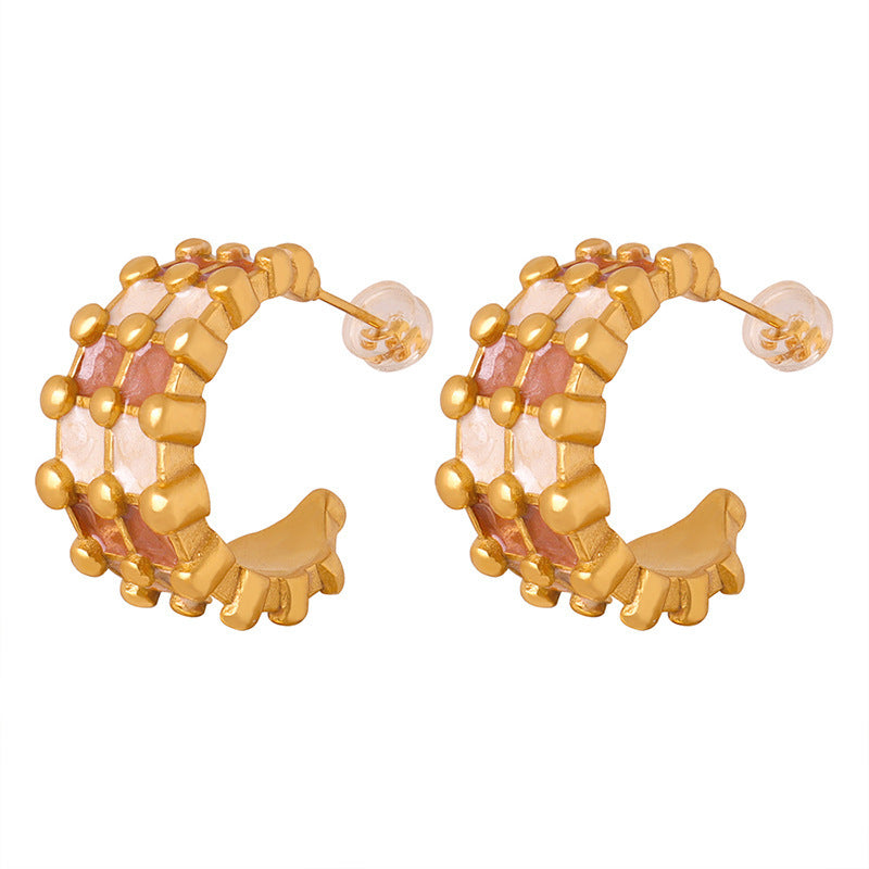 Fashion Personality All-match Simple Color Glaze Multi-layer Titanium Steel Gold Plated C- Shaped Earrings