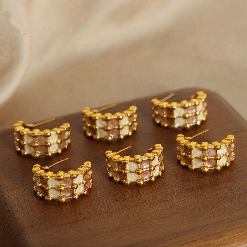 Fashion Personality All-match Simple Color Glaze Multi-layer Titanium Steel Gold Plated C- Shaped Earrings