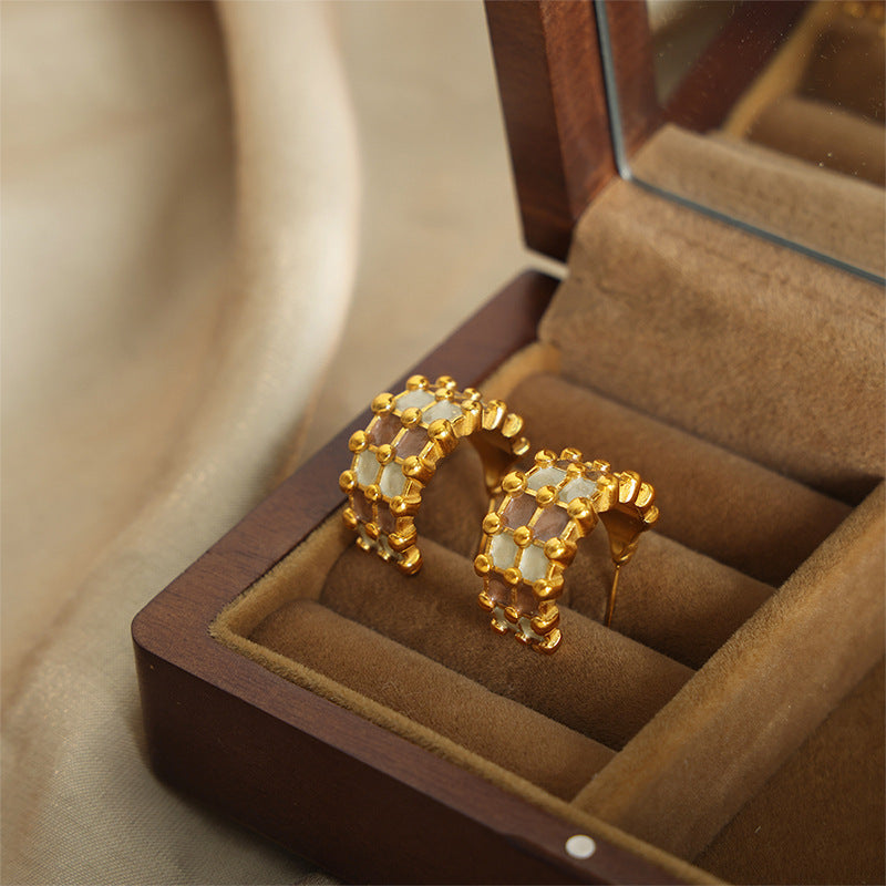 Fashion Personality All-match Simple Color Glaze Multi-layer Titanium Steel Gold Plated C- Shaped Earrings