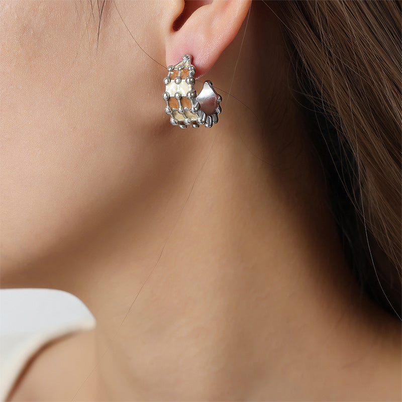 Fashion Personality All-match Simple Color Glaze Multi-layer Titanium Steel Gold Plated C- Shaped Earrings
