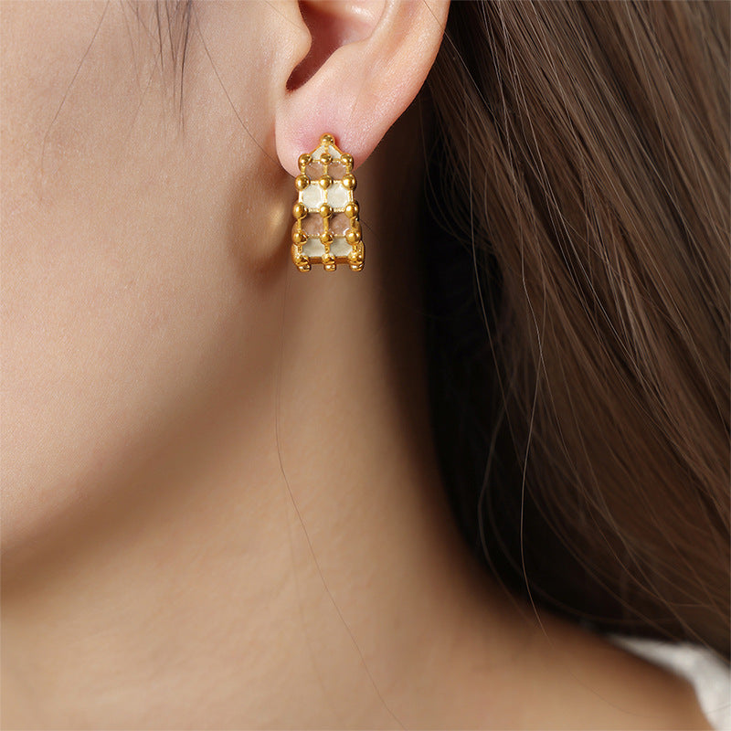 Fashion Personality All-match Simple Color Glaze Multi-layer Titanium Steel Gold Plated C- Shaped Earrings