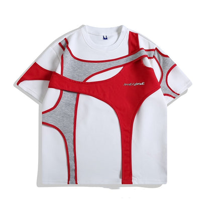 Double-layer Stitching Padded Shoulder Short Sleeve Strap T-shirt