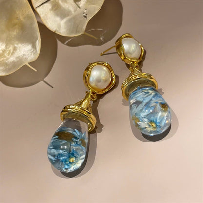 Colorful Dried Flower Amber Earrings