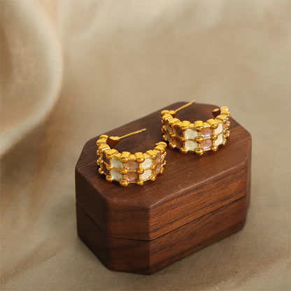 Fashion Personality All-match Simple Color Glaze Multi-layer Titanium Steel Gold Plated C- Shaped Earrings