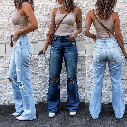 Women's Ripped High Waist Retro Slim Fit Denim Boot-cut Pants