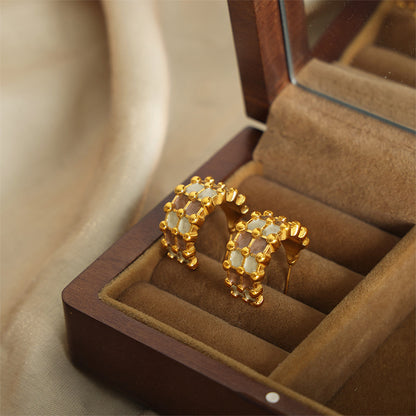 Fashion Personality All-match Simple Color Glaze Multi-layer Titanium Steel Gold Plated C- Shaped Earrings
