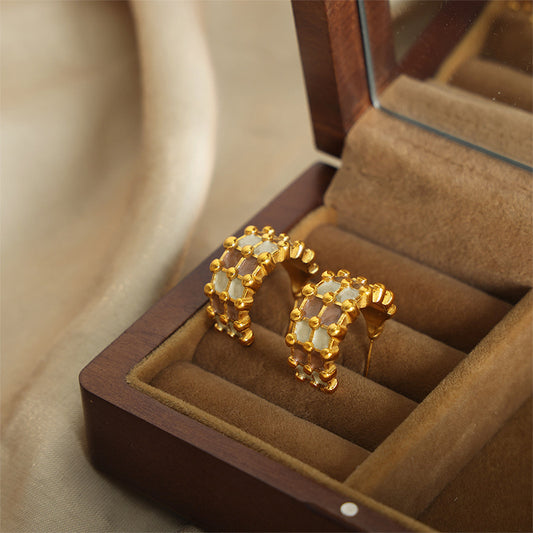 Fashion Personality All-match Simple Color Glaze Multi-layer Titanium Steel Gold Plated C- Shaped Earrings