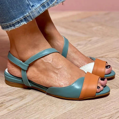 Color Block Open Toe Low Heel Buckle Preppy Style Sandals