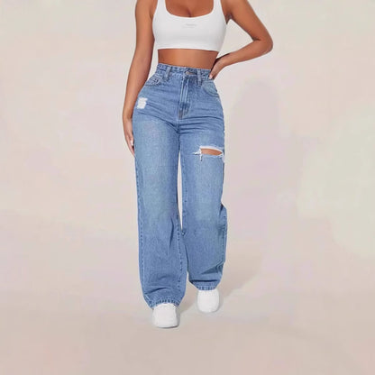 European And American Ladies Washed Hole Denim Trousers